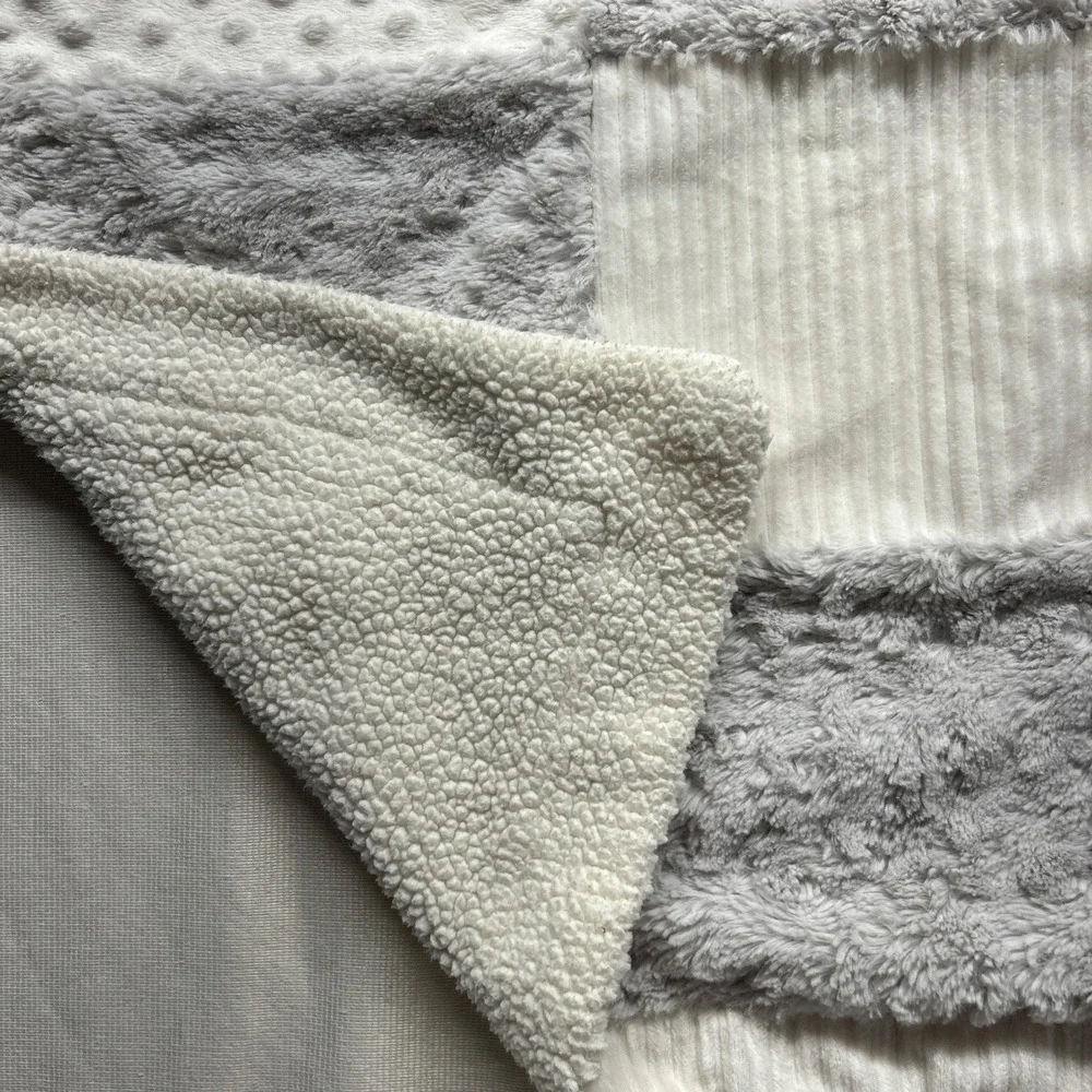 Kyle & Deena Baby Blanket Grey White Patchwork Minky Sherpa Lovey Security